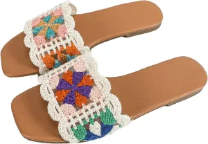 GORGLITTER Women's Crochet Flat Sandals Slip On Open Toe Slide Sandals Colorblock Scallop Trim Sandals