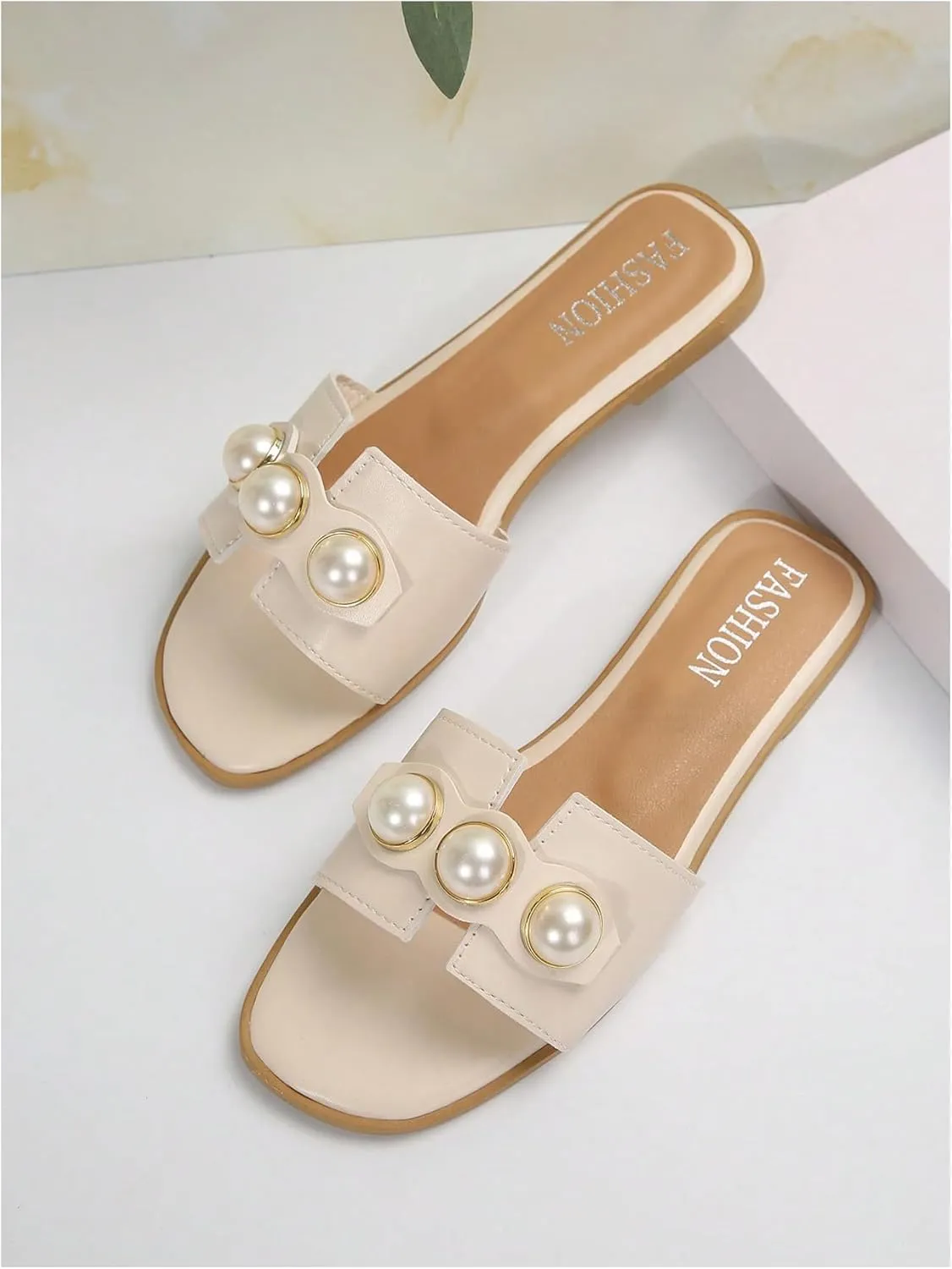 GORGLITTER Women's Faux Pearls Decor Flat Sandals Cut Out H Band Open Toe Leather Slide Sandals