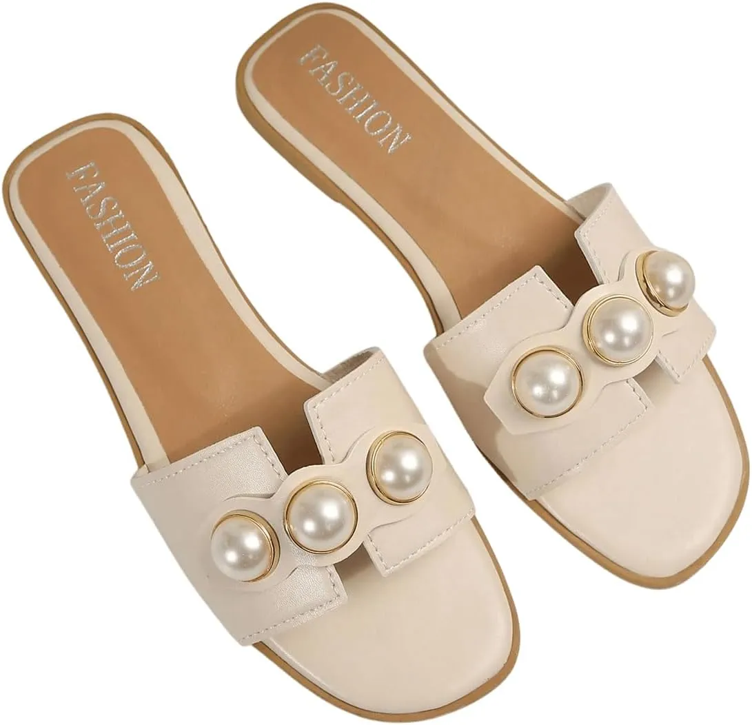 GORGLITTER Women's Faux Pearls Decor Flat Sandals Cut Out H Band Open Toe Leather Slide Sandals