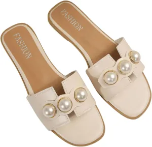 GORGLITTER Women's Faux Pearls Decor Flat Sandals Cut Out H Band Open Toe Leather Slide Sandals