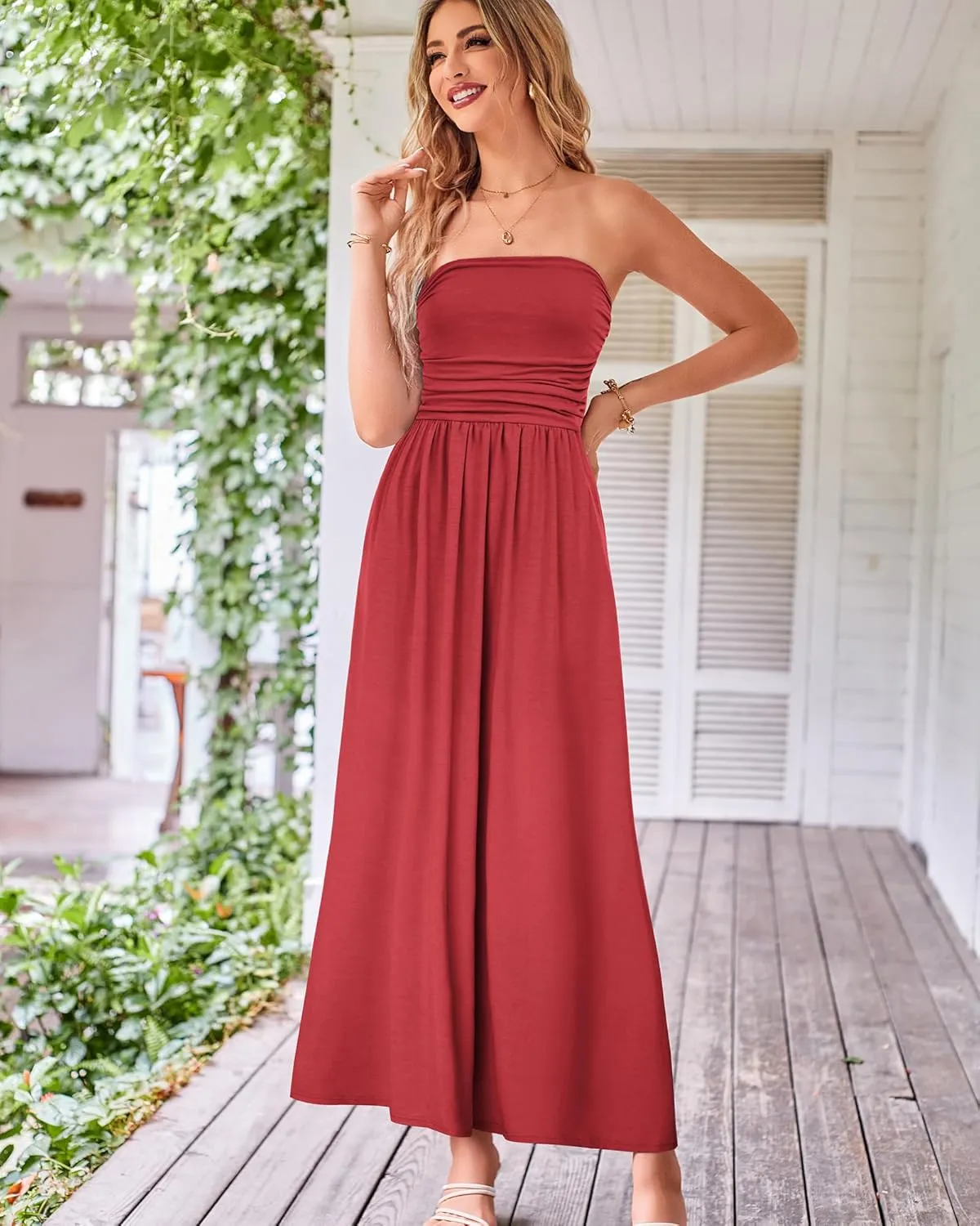 GRACE KARIN Women Strapless Casual Loose Ruched Long Maxi Dress with Pockets