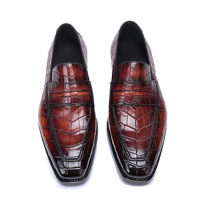 Handmade Burgundy Alligator Embossed Leather Loafers for Men