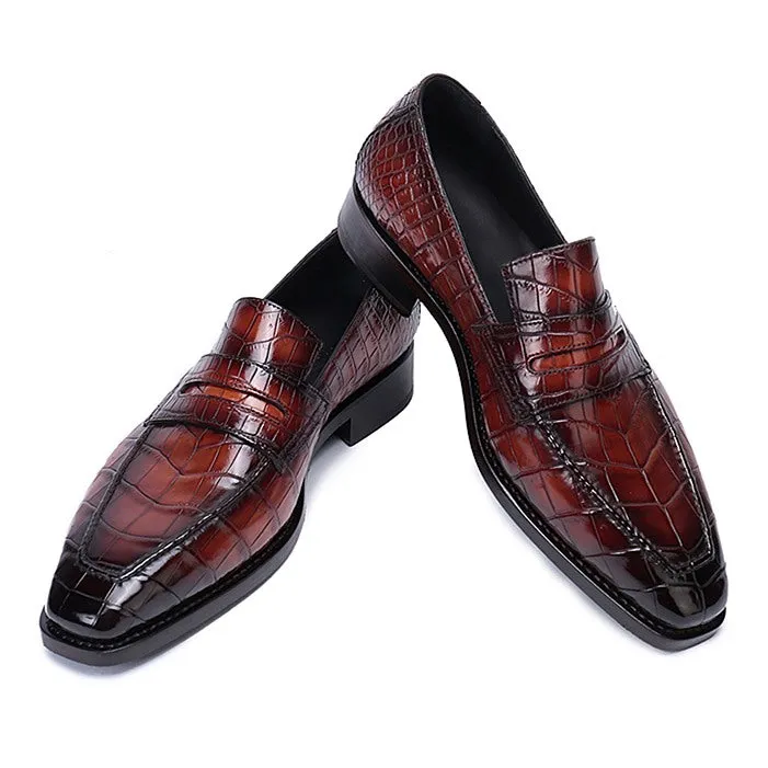 Handmade Burgundy Alligator Embossed Leather Loafers for Men