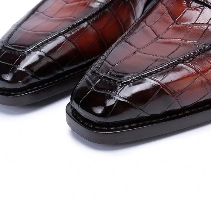 Handmade Burgundy Alligator Embossed Leather Loafers for Men