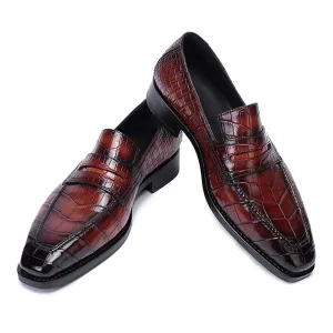 Handmade Burgundy Alligator Embossed Leather Loafers for Men