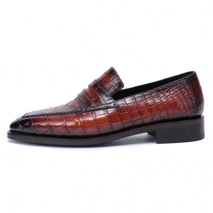 Handmade Burgundy Alligator Embossed Leather Loafers for Men