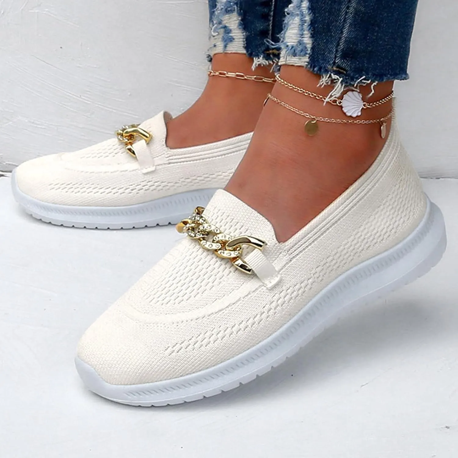 Hbeylia Fashion Sneakers for Women Casual Knitted Breathable Air Cushion Metal Chain Design Trendy Flat Bottom Low Top Canvas Shoes Lightweight Comfort Flats Walking Shoes Play Sneakers Loafers