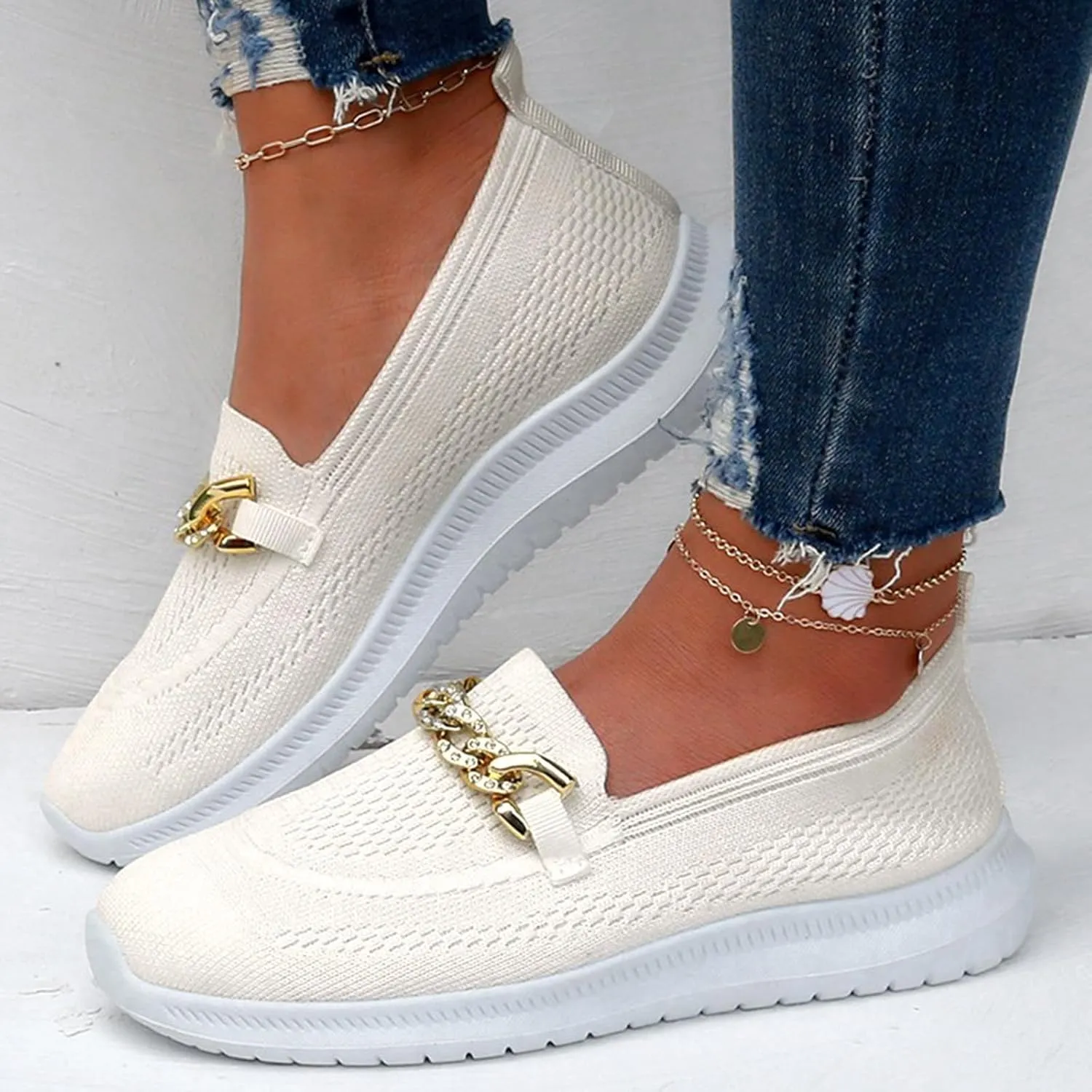 Hbeylia Fashion Sneakers for Women Casual Knitted Breathable Air Cushion Metal Chain Design Trendy Flat Bottom Low Top Canvas Shoes Lightweight Comfort Flats Walking Shoes Play Sneakers Loafers