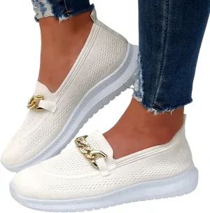Hbeylia Fashion Sneakers for Women Casual Knitted Breathable Air Cushion Metal Chain Design Trendy Flat Bottom Low Top Canvas Shoes Lightweight Comfort Flats Walking Shoes Play Sneakers Loafers