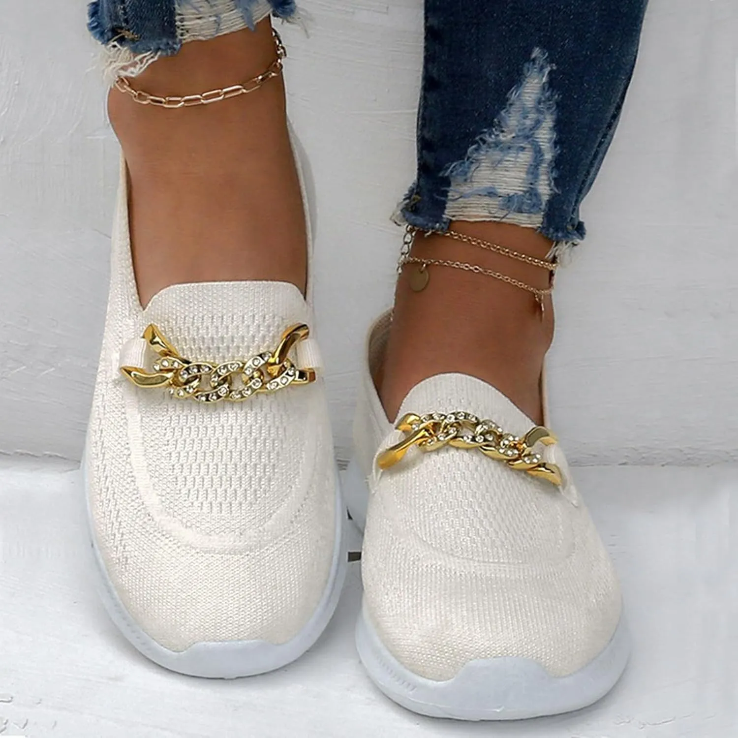 Hbeylia Fashion Sneakers for Women Casual Knitted Breathable Air Cushion Metal Chain Design Trendy Flat Bottom Low Top Canvas Shoes Lightweight Comfort Flats Walking Shoes Play Sneakers Loafers
