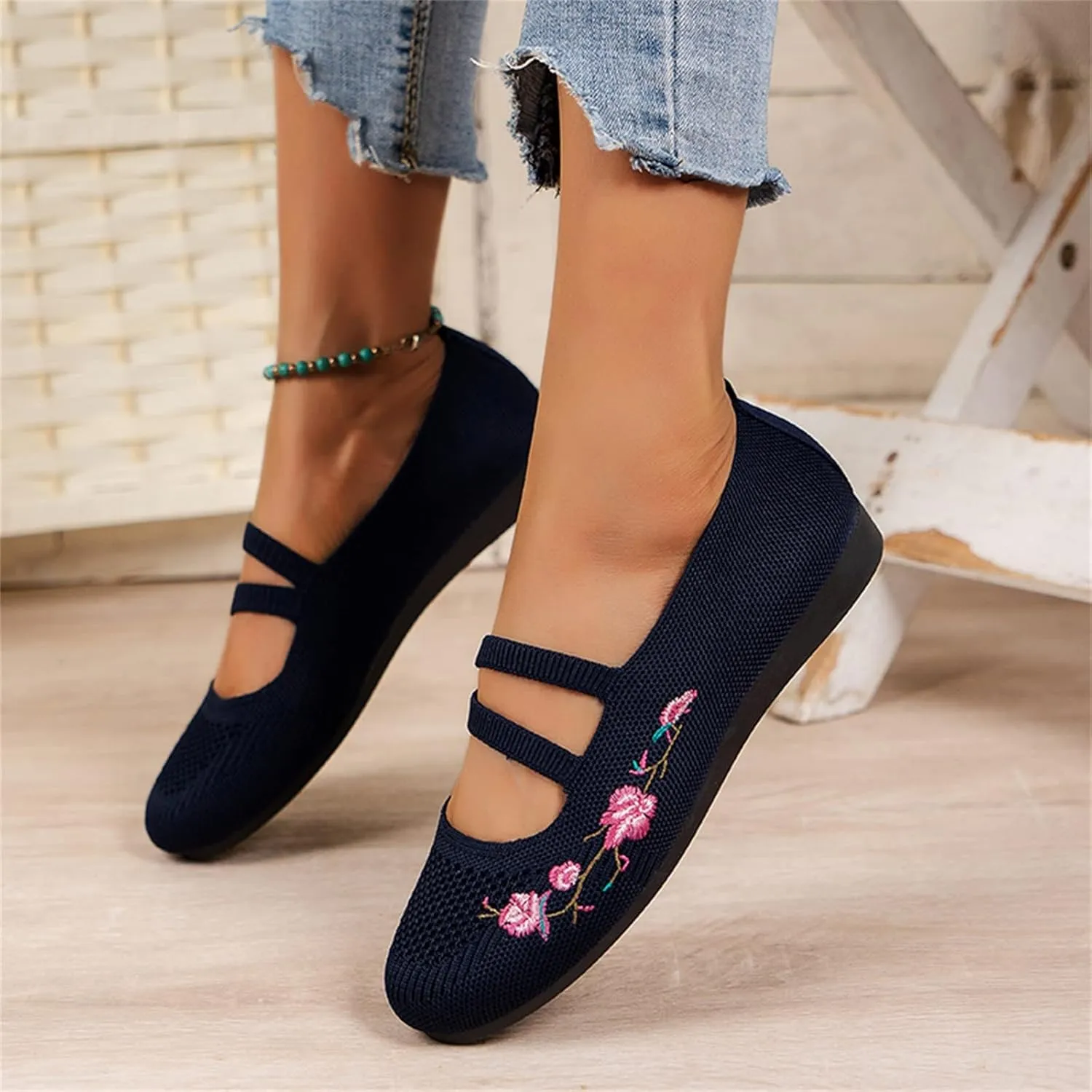 Hbeylia Knitted Ballet Flats for Women Ladies Round Toe Strappy Comfortable Formal Dress Loafers Casual Slip On Walking Driving Shoes for Work Nurse