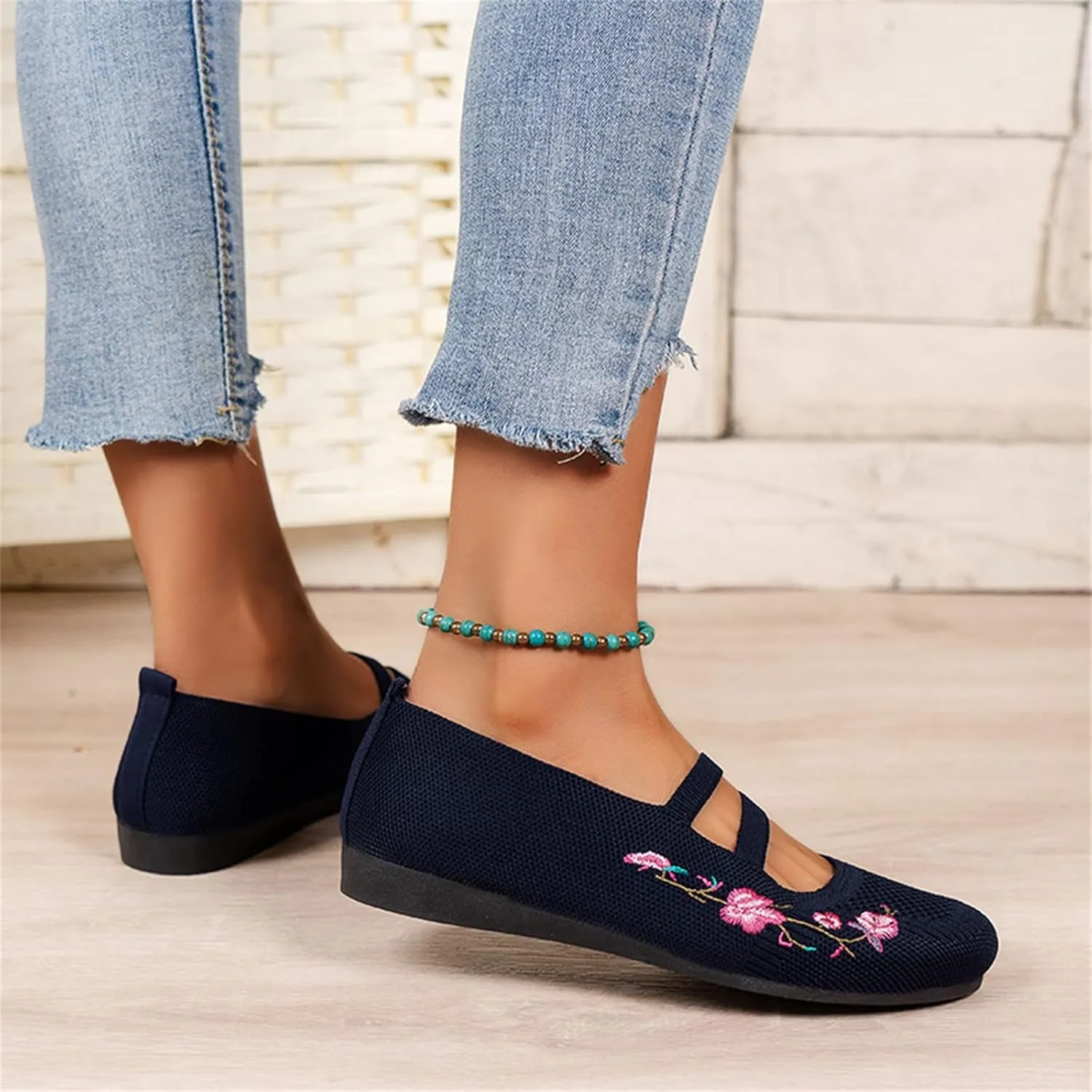 Hbeylia Knitted Ballet Flats for Women Ladies Round Toe Strappy Comfortable Formal Dress Loafers Casual Slip On Walking Driving Shoes for Work Nurse