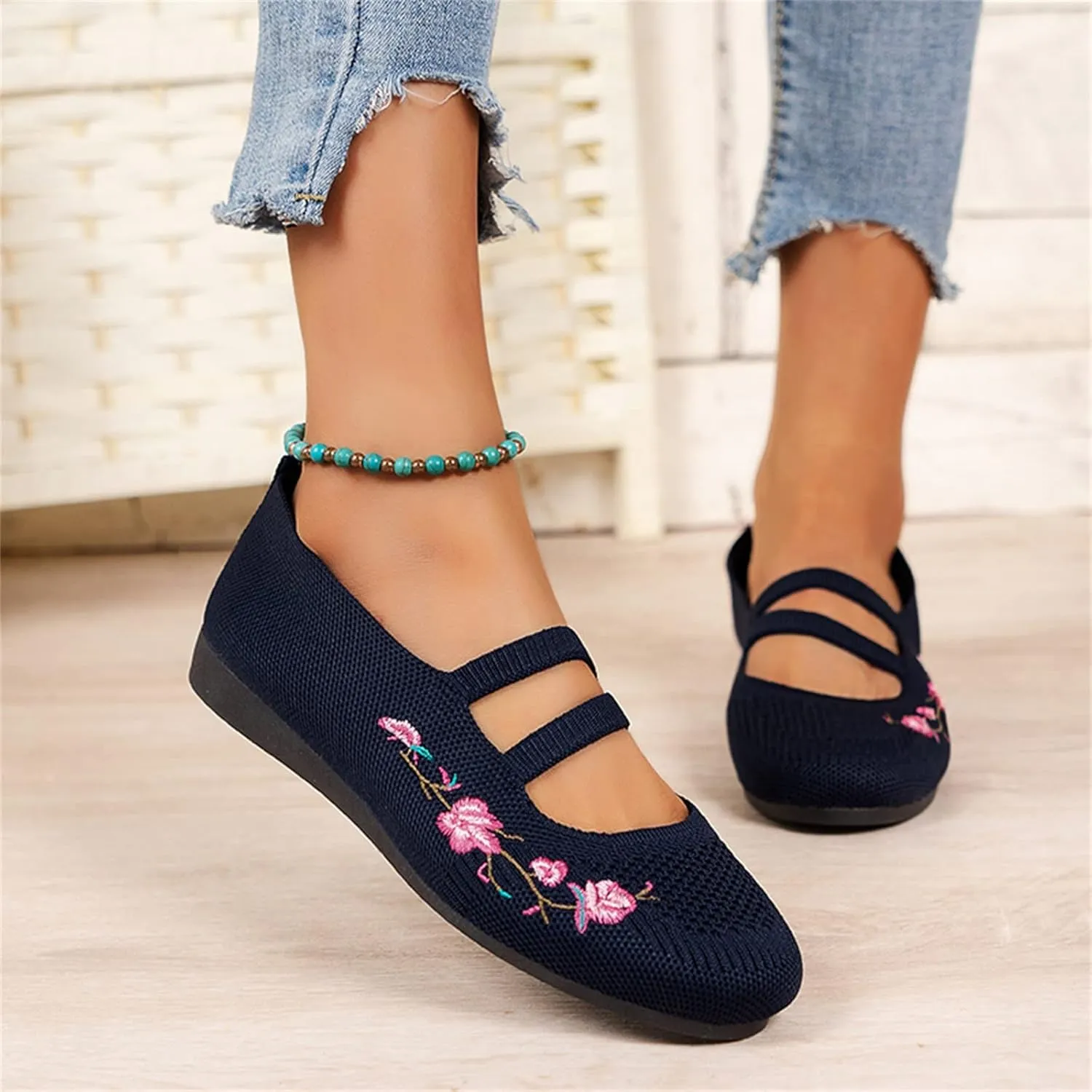 Hbeylia Knitted Ballet Flats for Women Ladies Round Toe Strappy Comfortable Formal Dress Loafers Casual Slip On Walking Driving Shoes for Work Nurse