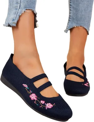 Hbeylia Knitted Ballet Flats for Women Ladies Round Toe Strappy Comfortable Formal Dress Loafers Casual Slip On Walking Driving Shoes for Work Nurse