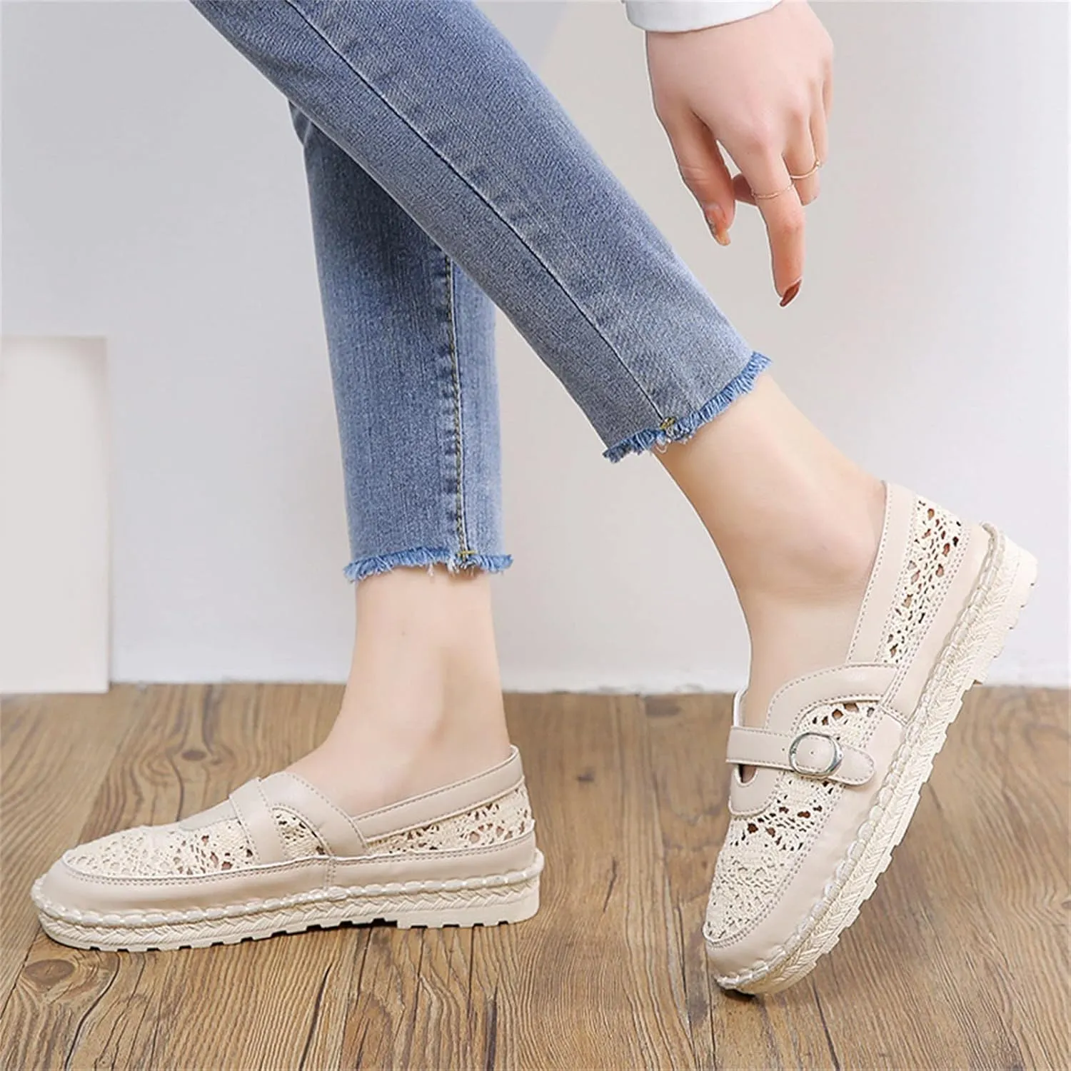 Hbeylia Platform Espadrilles Loafers for Women Fashion Knitted Mesh Hollow Out Breathable Cloth Closed Round Toe Slip On Sneaker Shoes Low Heel Dress Ballet Flats Sandals for Ladies