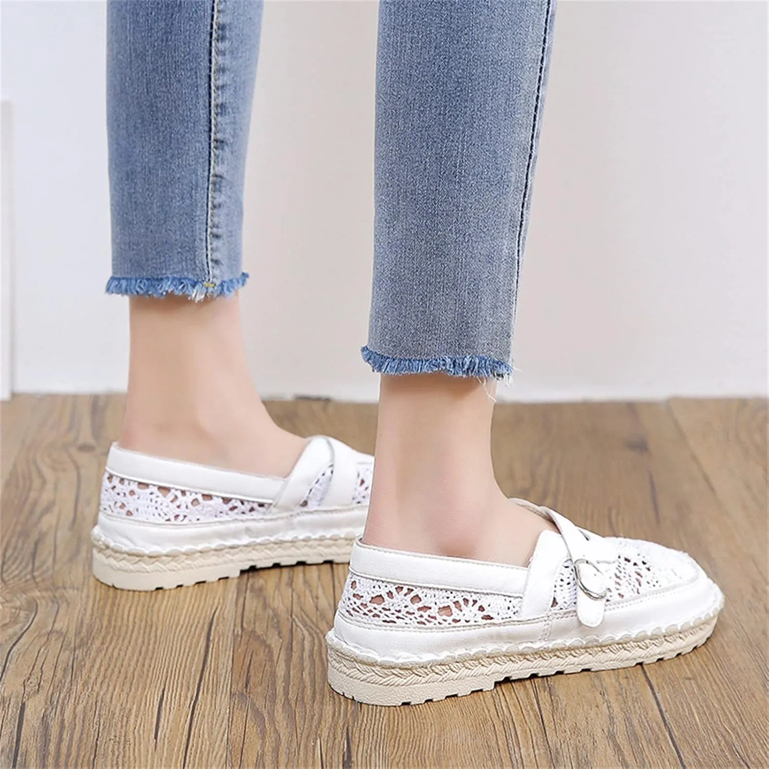Hbeylia Platform Espadrilles Loafers for Women Fashion Knitted Mesh Hollow Out Breathable Cloth Closed Round Toe Slip On Sneaker Shoes Low Heel Dress Ballet Flats Sandals for Ladies