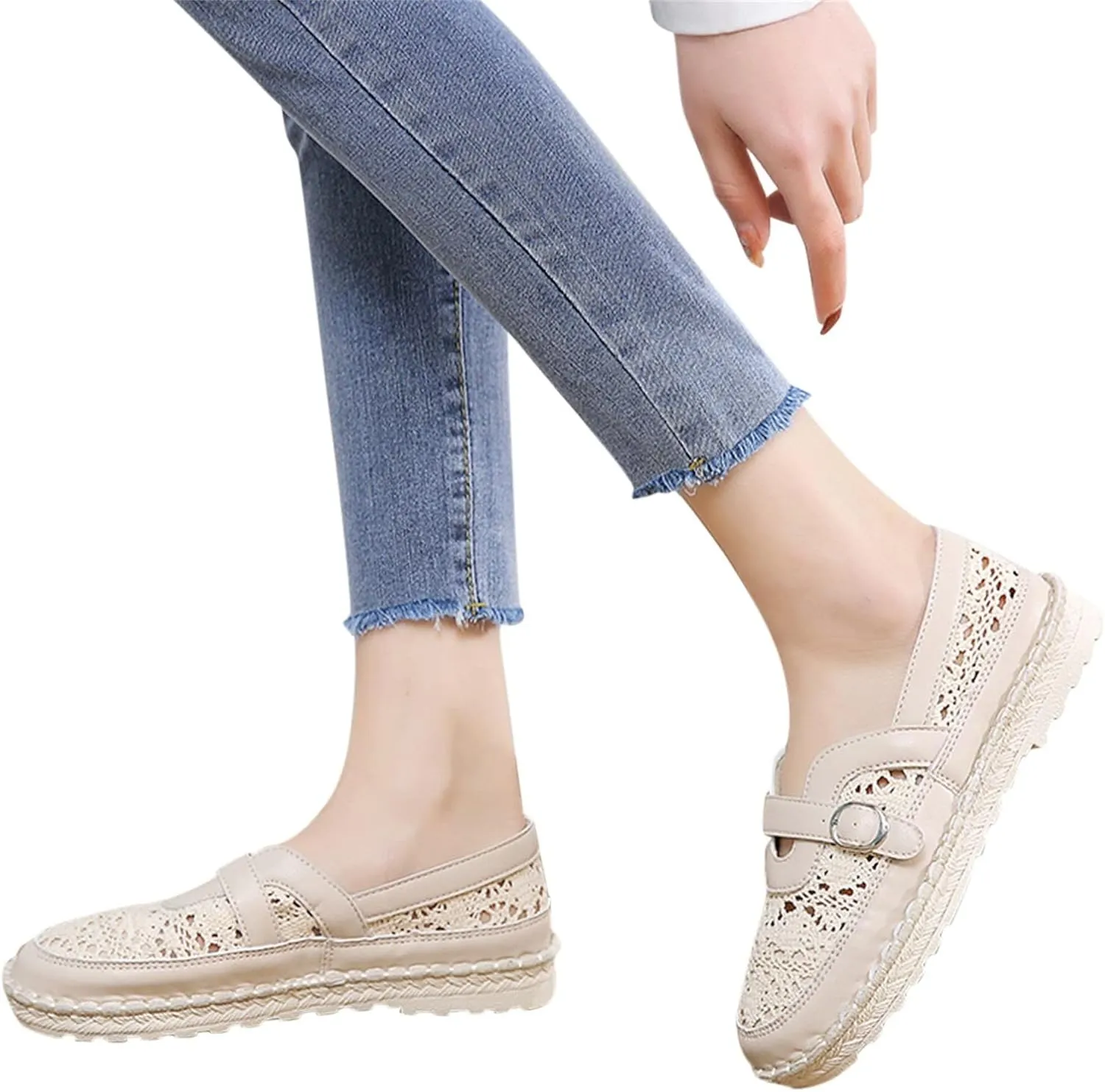 Hbeylia Platform Espadrilles Loafers for Women Fashion Knitted Mesh Hollow Out Breathable Cloth Closed Round Toe Slip On Sneaker Shoes Low Heel Dress Ballet Flats Sandals for Ladies