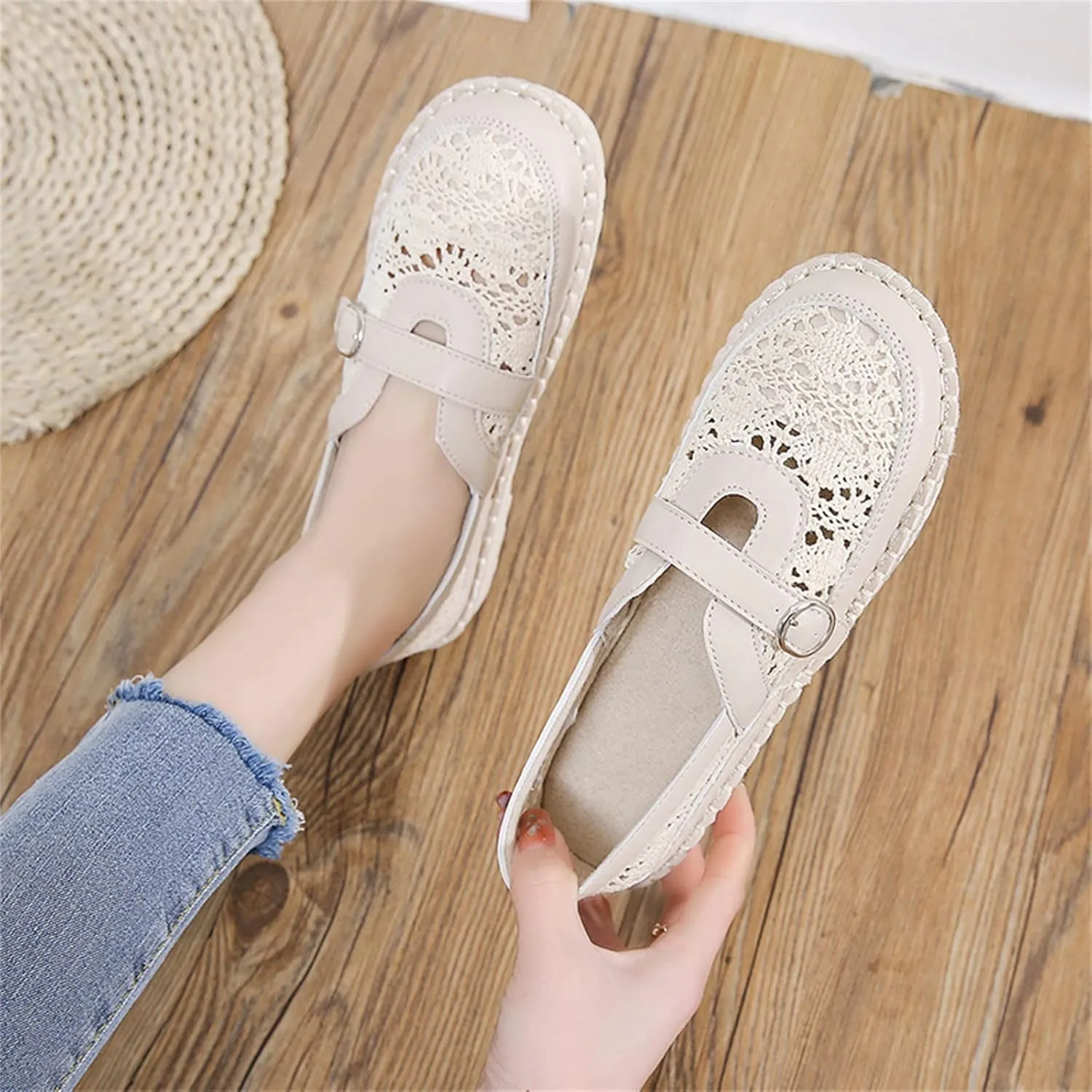 Hbeylia Platform Espadrilles Loafers for Women Fashion Knitted Mesh Hollow Out Breathable Cloth Closed Round Toe Slip On Sneaker Shoes Low Heel Dress Ballet Flats Sandals for Ladies