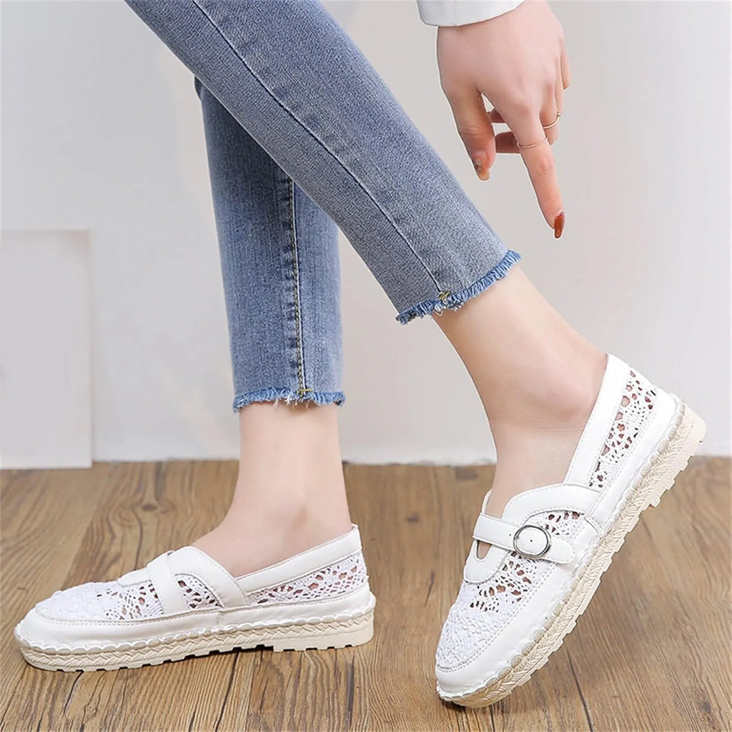 Hbeylia Platform Espadrilles Loafers for Women Fashion Knitted Mesh Hollow Out Breathable Cloth Closed Round Toe Slip On Sneaker Shoes Low Heel Dress Ballet Flats Sandals for Ladies