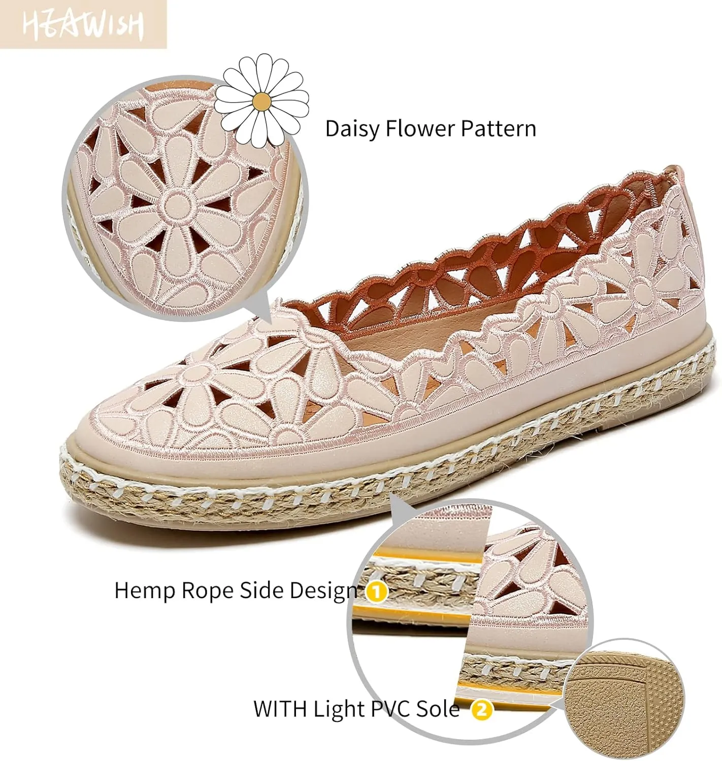HEAWISH Women’s Ballet Flat Daisy Round Toe Dress Shoes Casual Slip On Rope Loafer