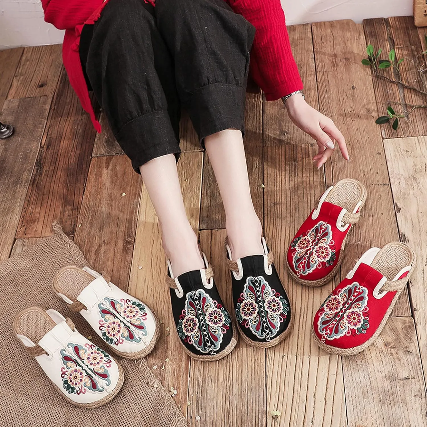 Hee grand Women's Embroidered Espadrilles Slip On Mule Slippers Ethnic Style Cotton and Linen Flats Retro Chinese Style