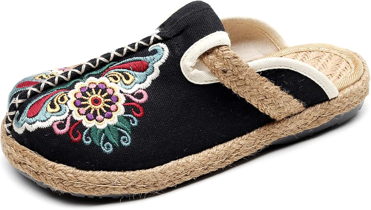 Hee grand Women's Embroidered Espadrilles Slip On Mule Slippers Ethnic Style Cotton and Linen Flats Retro Chinese Style