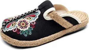 Hee grand Women's Embroidered Espadrilles Slip On Mule Slippers Ethnic Style Cotton and Linen Flats Retro Chinese Style