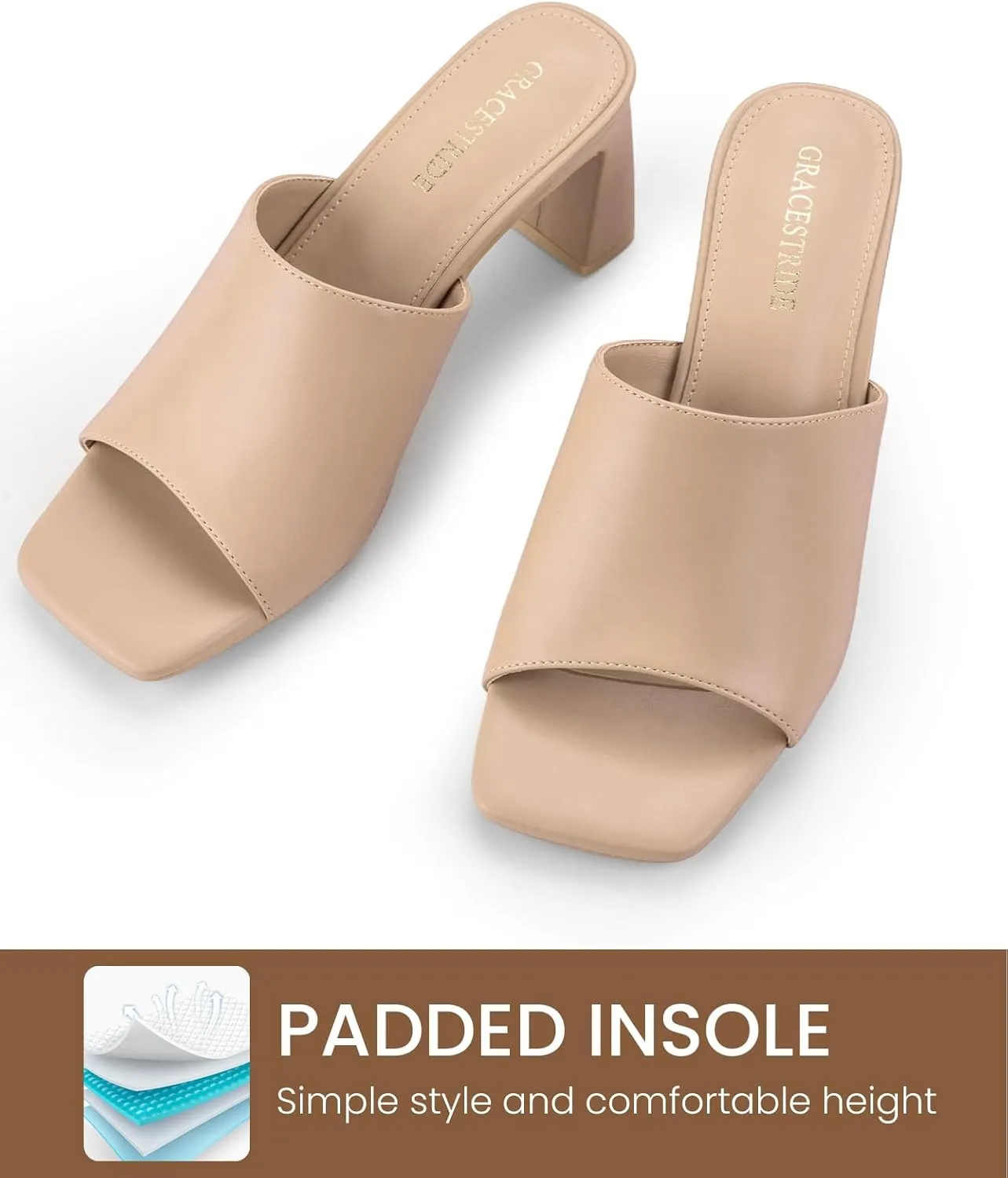 Heeled Sandals for Women Square Open Toe Heeled Mules Chunky Block High Heel Slip On Slides