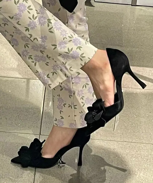 Heels Suede Rose High Toe Splicing Pointed Chic Floral