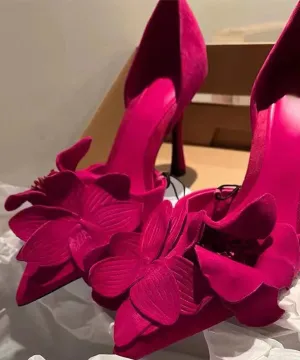Heels Suede Rose High Toe Splicing Pointed Chic Floral