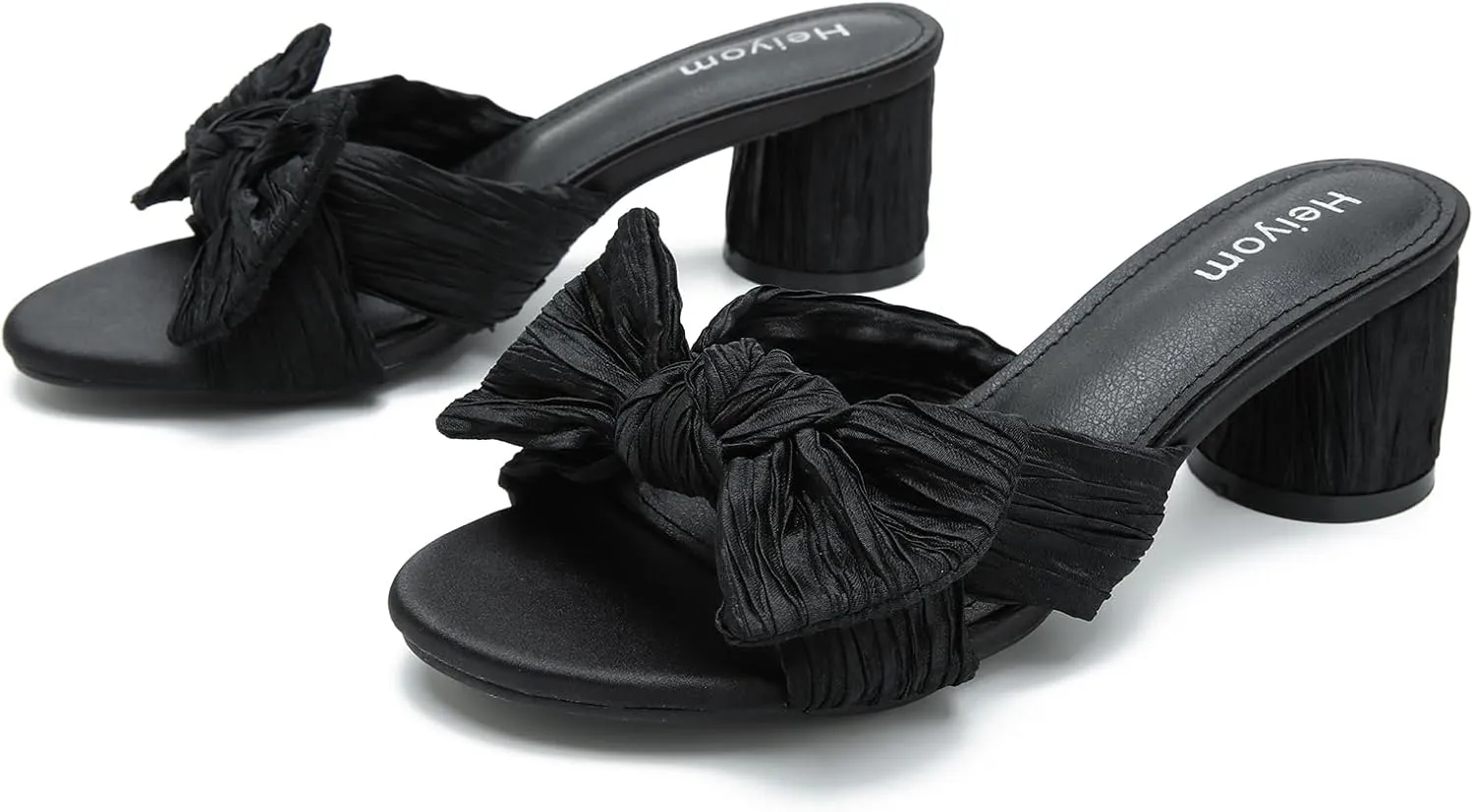 Heiyom Women's Bowknot Low Chunky Heels Mules Sandals Slip on Pleated Bow Heels Wedding Bridal Party Dress Shoes