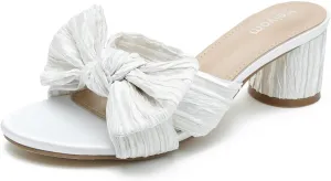 Heiyom Women's Bowknot Low Chunky Heels Mules Sandals Slip on Pleated Bow Heels Wedding Bridal Party Dress Shoes