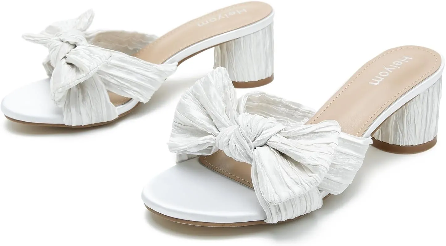 Heiyom Women's Bowknot Low Chunky Heels Mules Sandals Slip on Pleated Bow Heels Wedding Bridal Party Dress Shoes