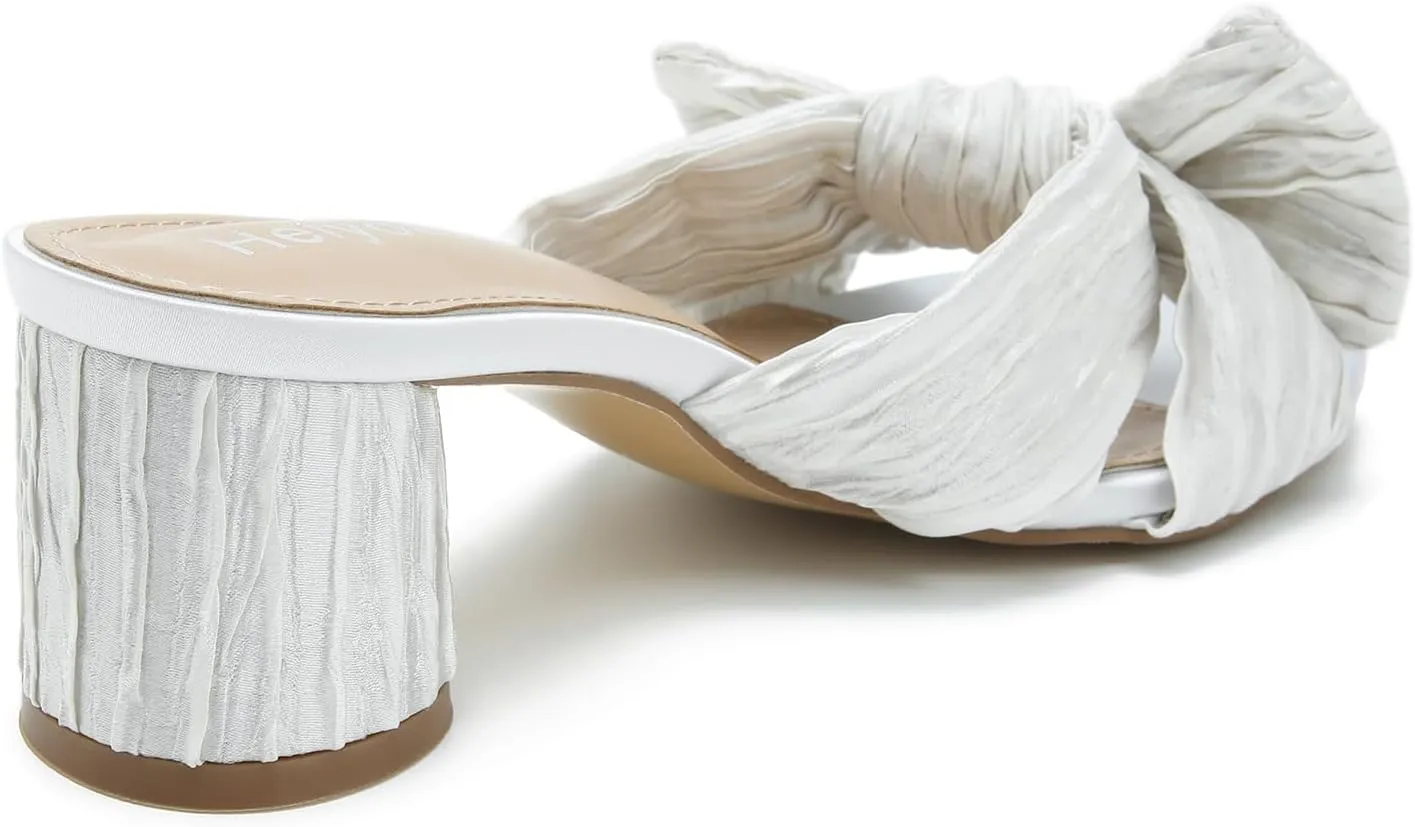 Heiyom Women's Bowknot Low Chunky Heels Mules Sandals Slip on Pleated Bow Heels Wedding Bridal Party Dress Shoes
