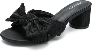 Heiyom Women's Bowknot Low Chunky Heels Mules Sandals Slip on Pleated Bow Heels Wedding Bridal Party Dress Shoes