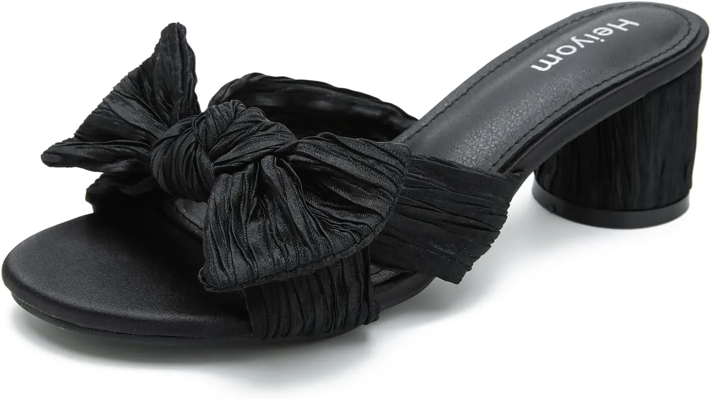 Heiyom Women's Bowknot Low Chunky Heels Mules Sandals Slip on Pleated Bow Heels Wedding Bridal Party Dress Shoes