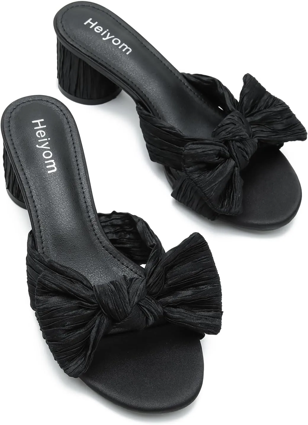 Heiyom Women's Bowknot Low Chunky Heels Mules Sandals Slip on Pleated Bow Heels Wedding Bridal Party Dress Shoes