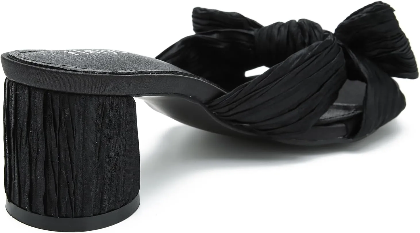 Heiyom Women's Bowknot Low Chunky Heels Mules Sandals Slip on Pleated Bow Heels Wedding Bridal Party Dress Shoes