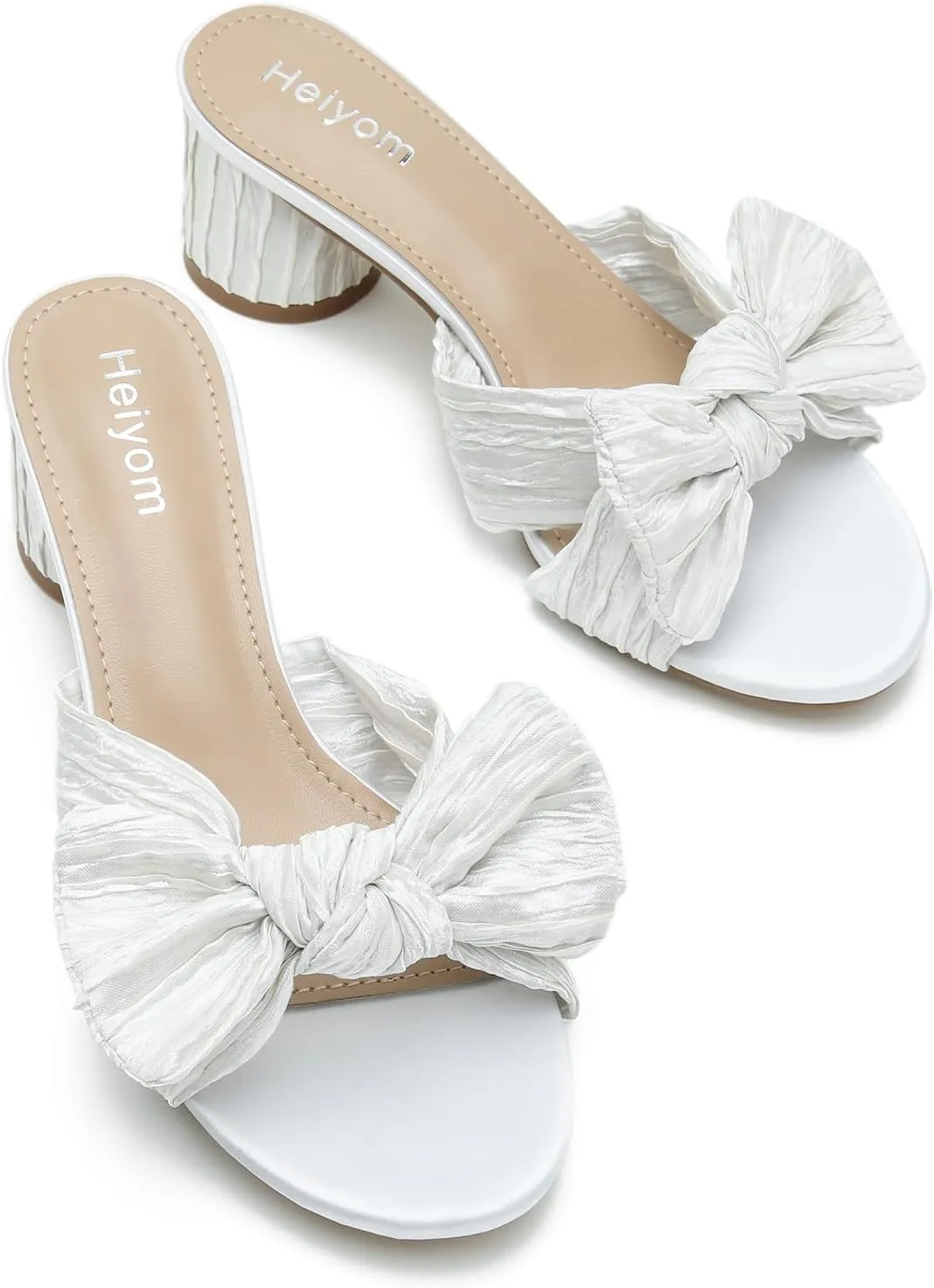 Heiyom Women's Bowknot Low Chunky Heels Mules Sandals Slip on Pleated Bow Heels Wedding Bridal Party Dress Shoes