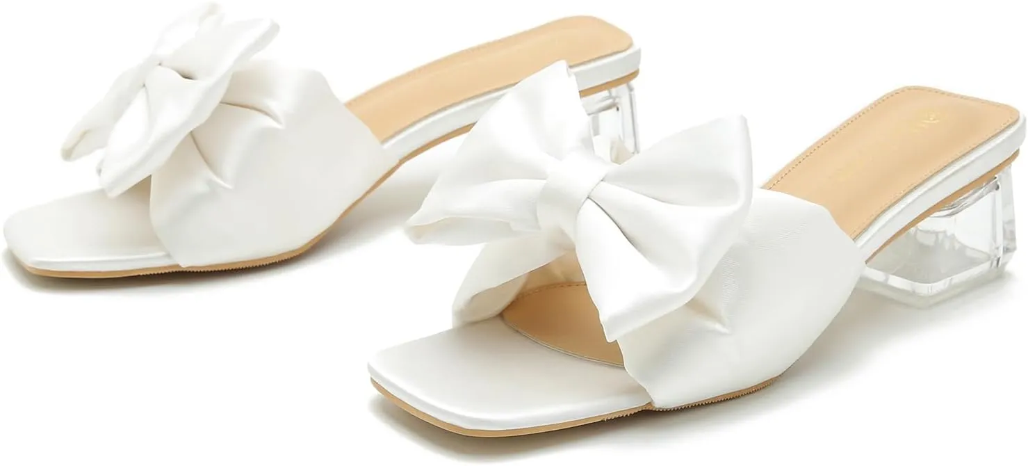 Heiyom Women's Square Toe Low Block Chunky Heels Mules Sandals Bowknot Slip on Clear Heels Wedding Bridal Party Dress Shoes