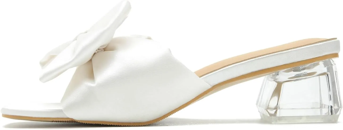 Heiyom Women's Square Toe Low Block Chunky Heels Mules Sandals Bowknot Slip on Clear Heels Wedding Bridal Party Dress Shoes