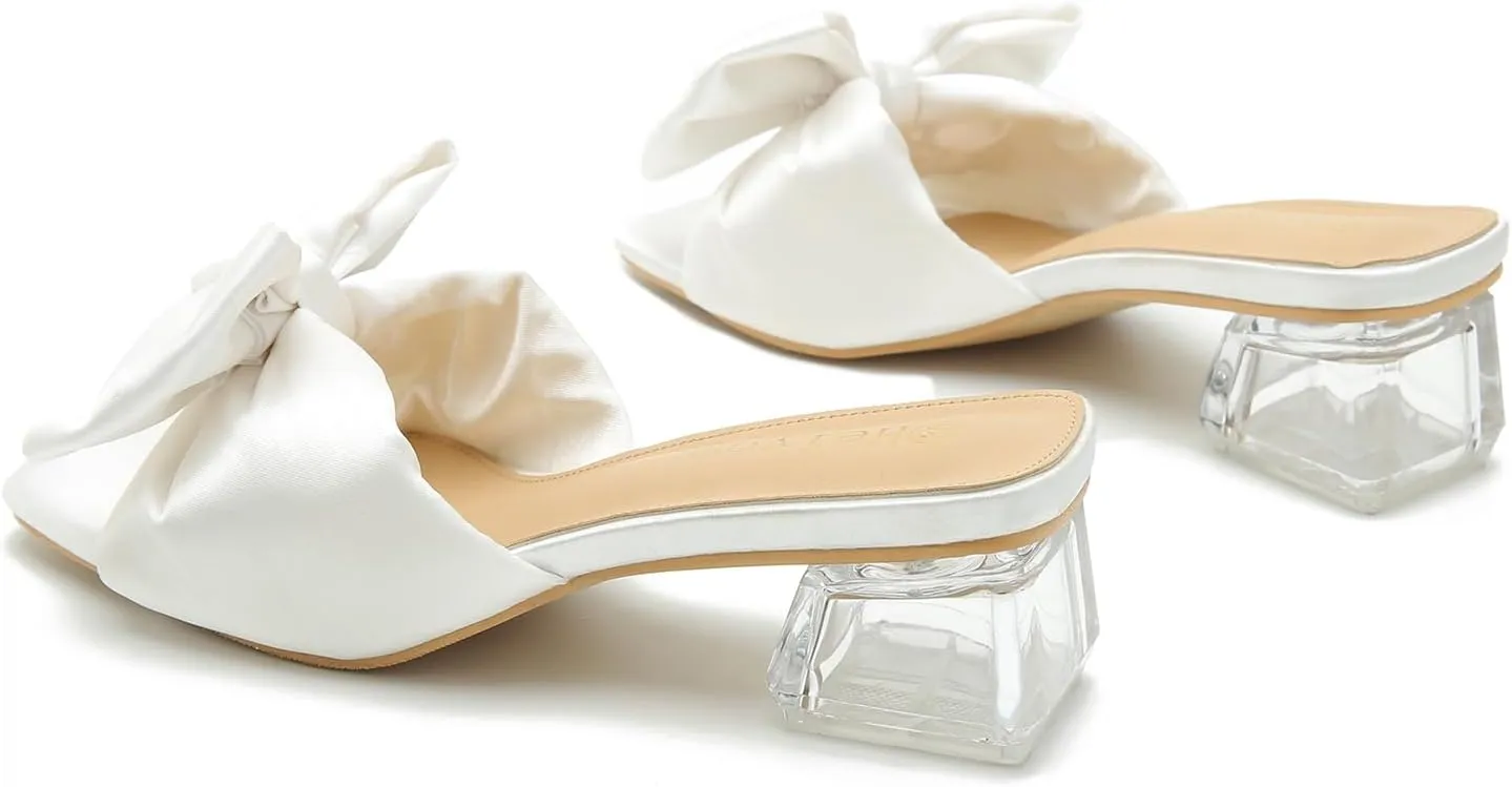 Heiyom Women's Square Toe Low Block Chunky Heels Mules Sandals Bowknot Slip on Clear Heels Wedding Bridal Party Dress Shoes
