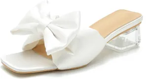 Heiyom Women's Square Toe Low Block Chunky Heels Mules Sandals Bowknot Slip on Clear Heels Wedding Bridal Party Dress Shoes