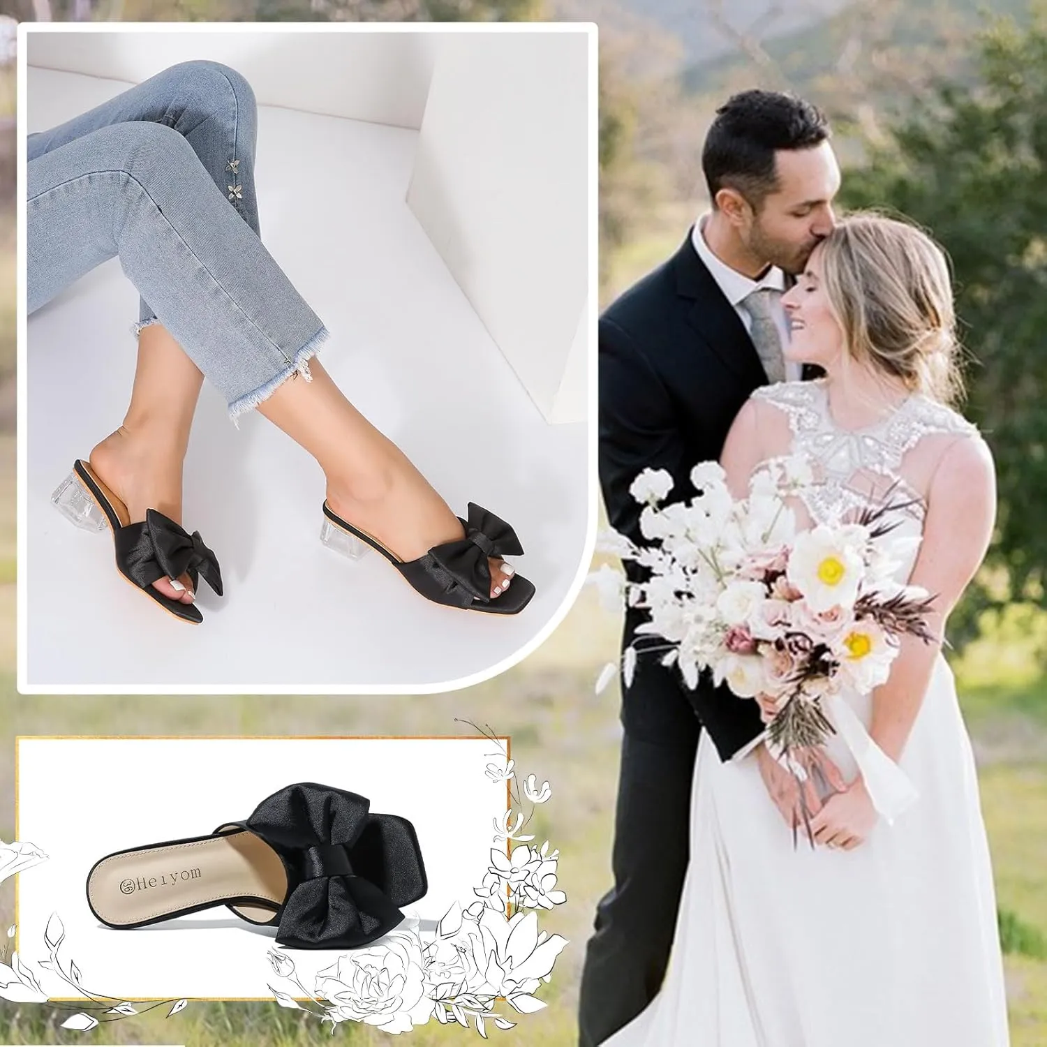 Heiyom Women's Square Toe Low Block Chunky Heels Mules Sandals Bowknot Slip on Clear Heels Wedding Bridal Party Dress Shoes