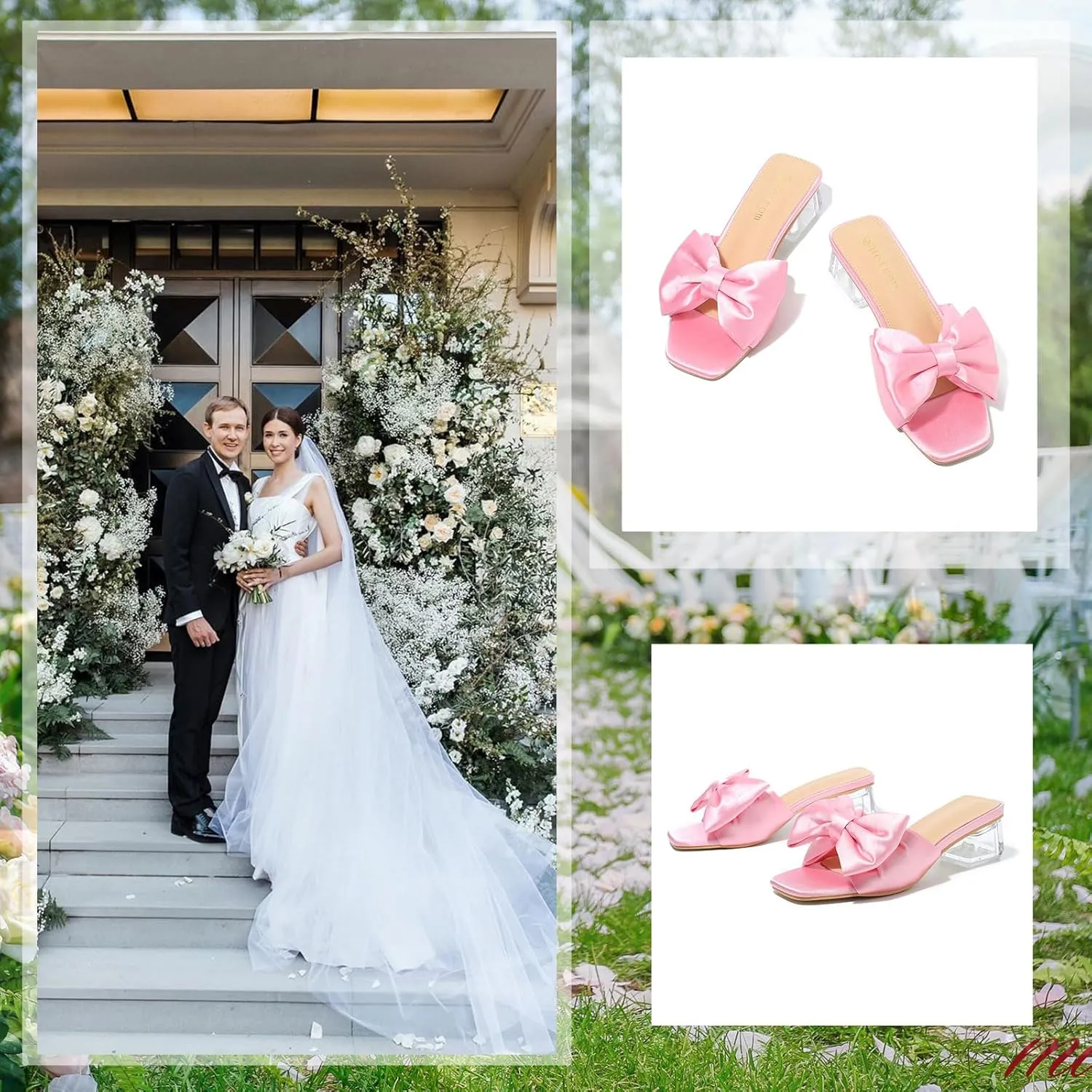Heiyom Women's Square Toe Low Block Chunky Heels Mules Sandals Bowknot Slip on Clear Heels Wedding Bridal Party Dress Shoes