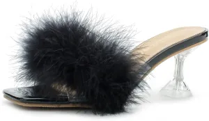 Heiyom Women's Square Toe Low Stilettos Heels Mules Sandals Fluffy Feather Slip on Clear Low Heels Wedding Bridal Party Dress Shoes