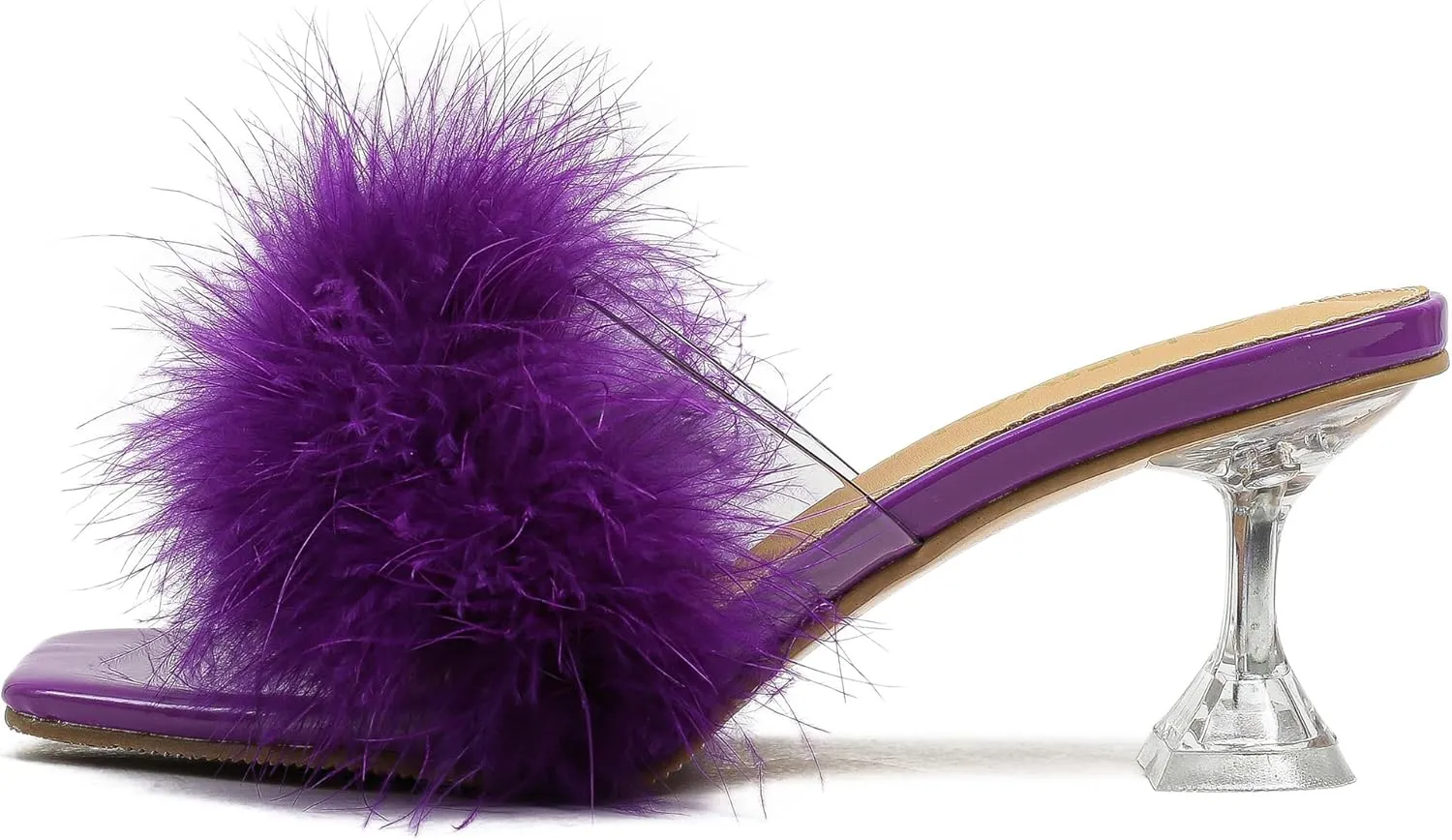 Heiyom Women's Square Toe Low Stilettos Heels Mules Sandals Fluffy Feather Slip on Clear Low Heels Wedding Bridal Party Dress Shoes
