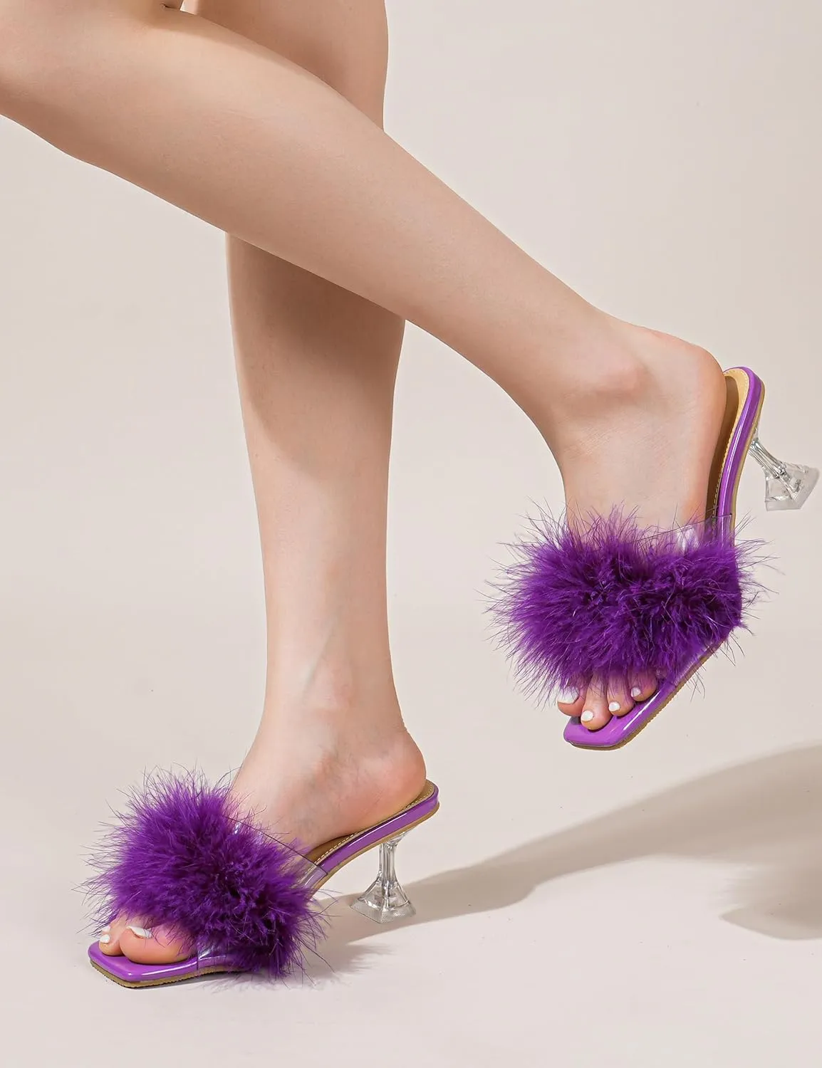 Heiyom Women's Square Toe Low Stilettos Heels Mules Sandals Fluffy Feather Slip on Clear Low Heels Wedding Bridal Party Dress Shoes