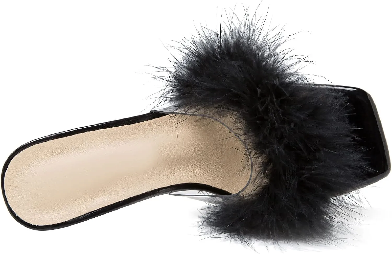 Heiyom Women's Square Toe Low Stilettos Heels Mules Sandals Fluffy Feather Slip on Clear Low Heels Wedding Bridal Party Dress Shoes