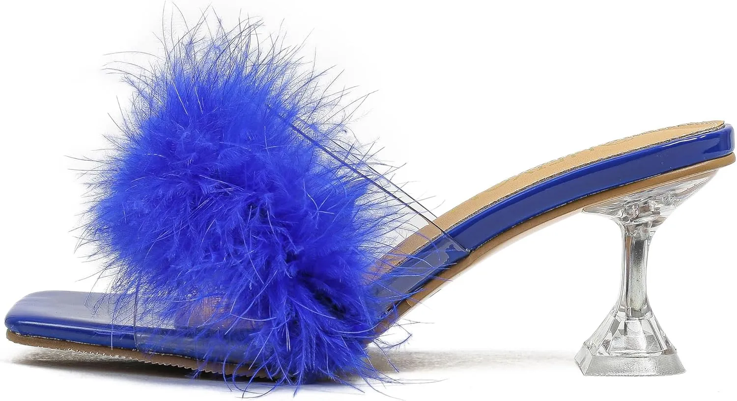 Heiyom Women's Square Toe Low Stilettos Heels Mules Sandals Fluffy Feather Slip on Clear Low Heels Wedding Bridal Party Dress Shoes